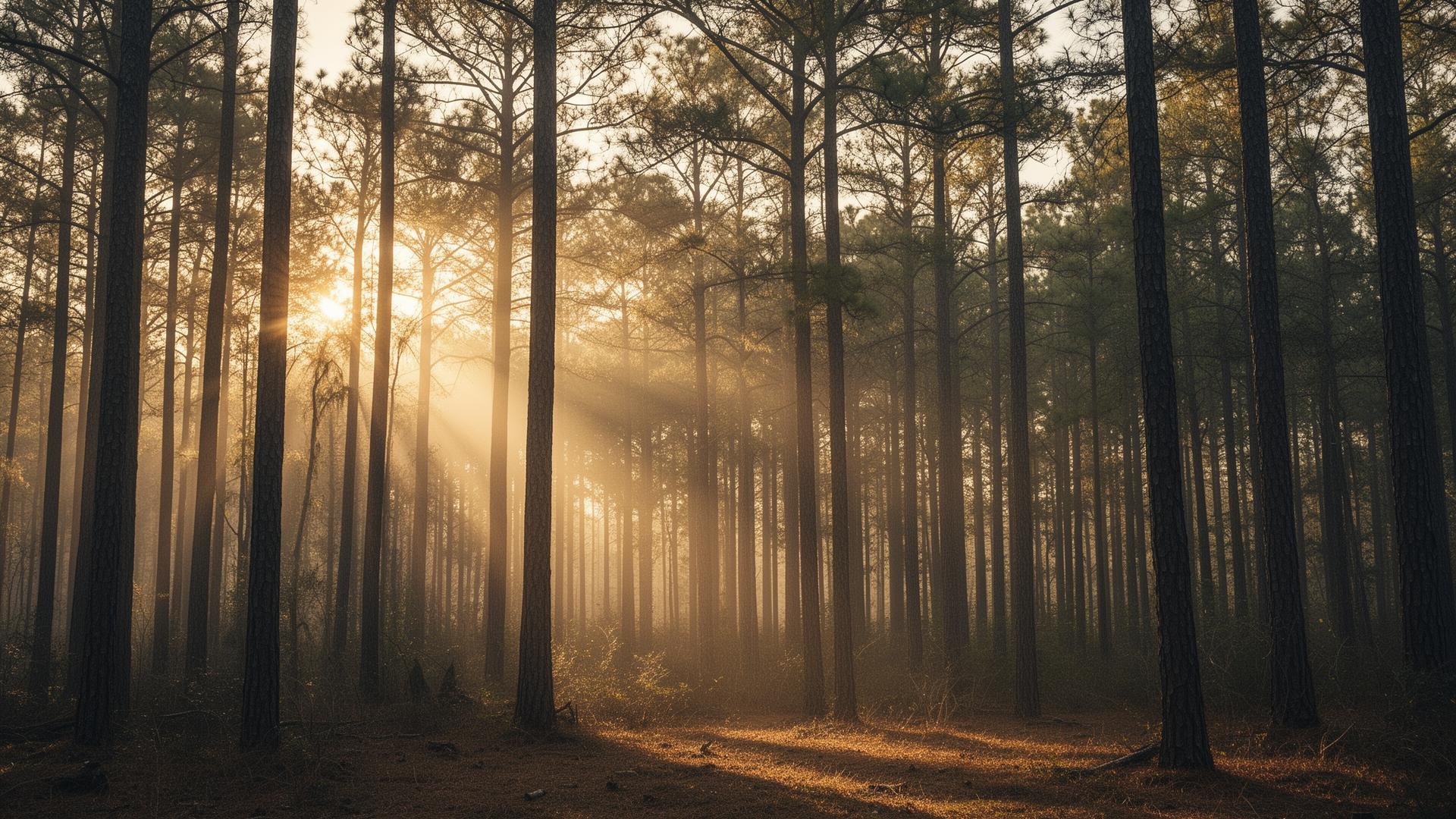 Loblolly pine forest at golden hour